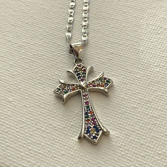 Jewelry - 18KGP Stamped Necklace w/ Multicolor Pavé Cross Pendant
